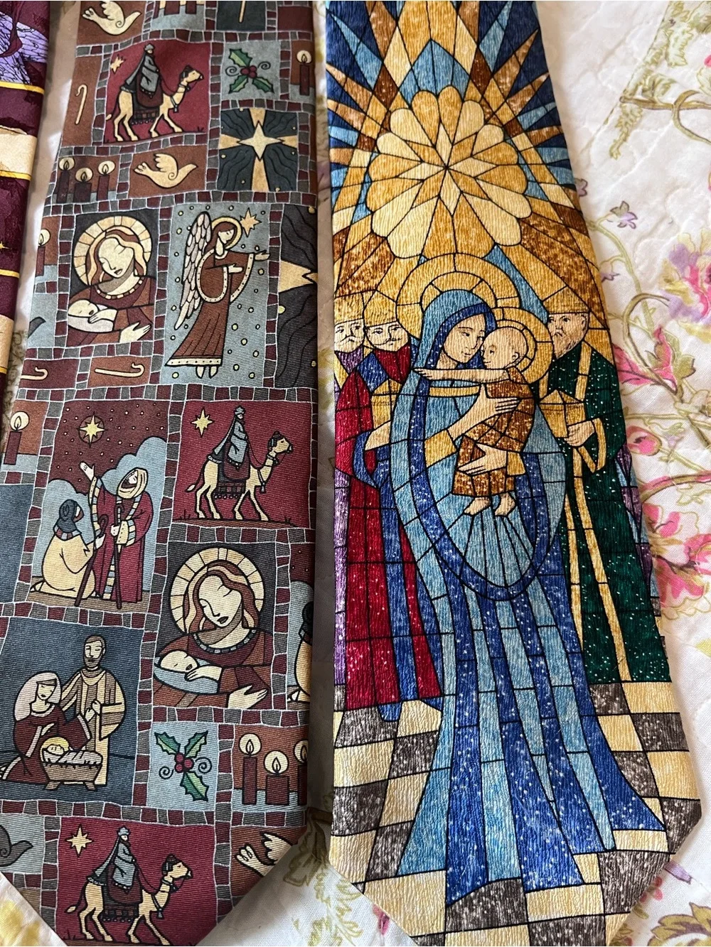 VTG Christmas Nativity Silk Tie Bundle Stained Glass Eagles Wings Noel 4pc